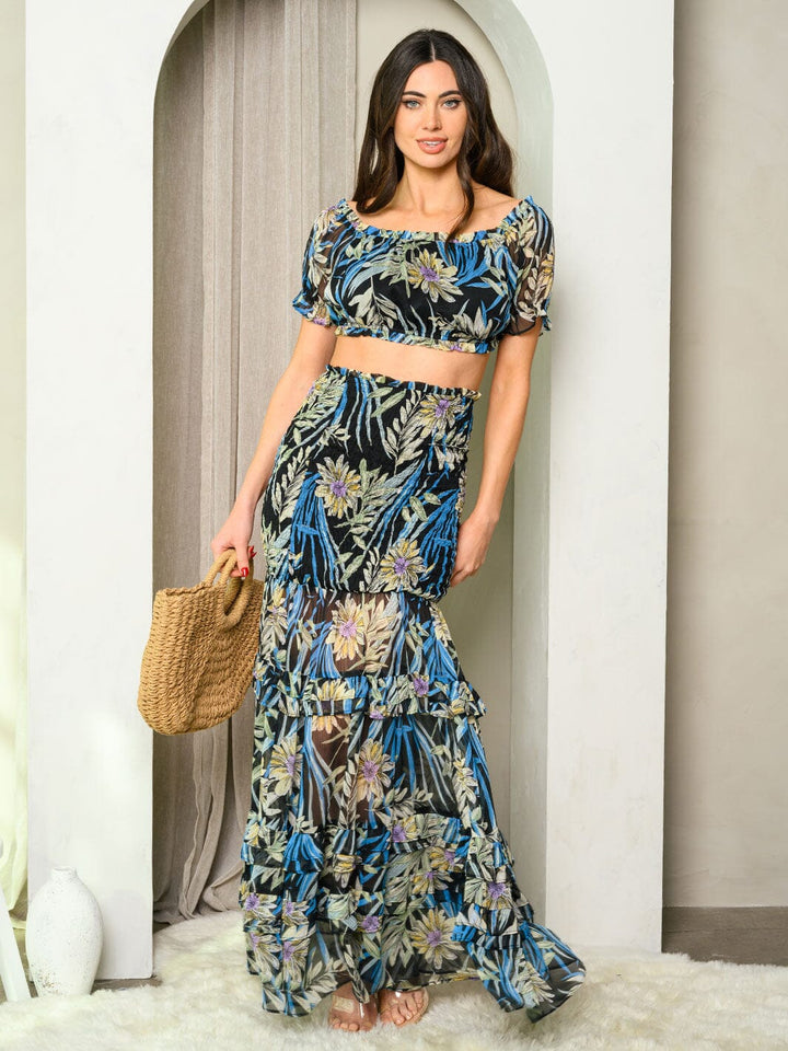 WOMEN'S OFF SHOULDER CROP TOP & MAXI SKIRT PALM FLORAL SET