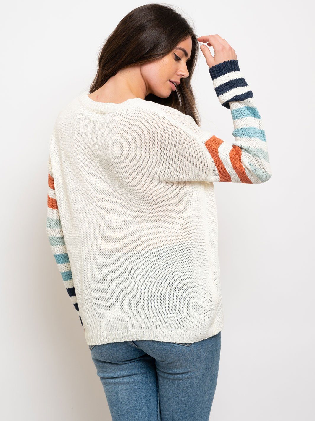 WOMEN'S MULTI STRIPES SLEEVES CREWNECK SWEATER