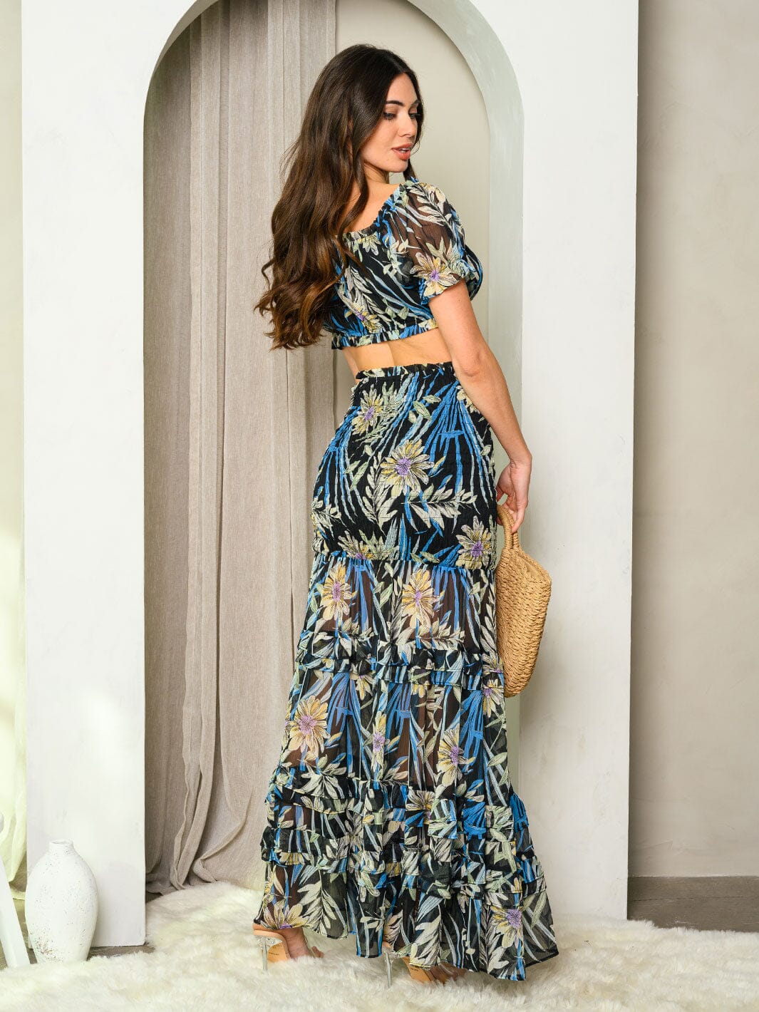 WOMEN'S OFF SHOULDER CROP TOP & MAXI SKIRT PALM FLORAL SET