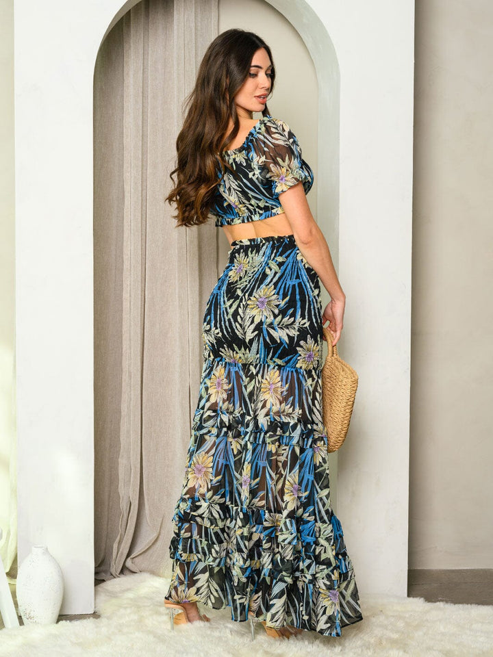 WOMEN'S OFF SHOULDER CROP TOP & MAXI SKIRT PALM FLORAL SET
