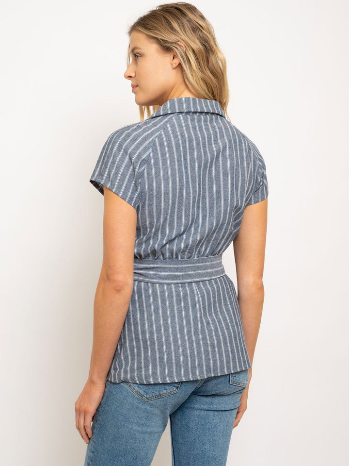 WOMEN'S V NECK WRAP FRONT BELT TOP