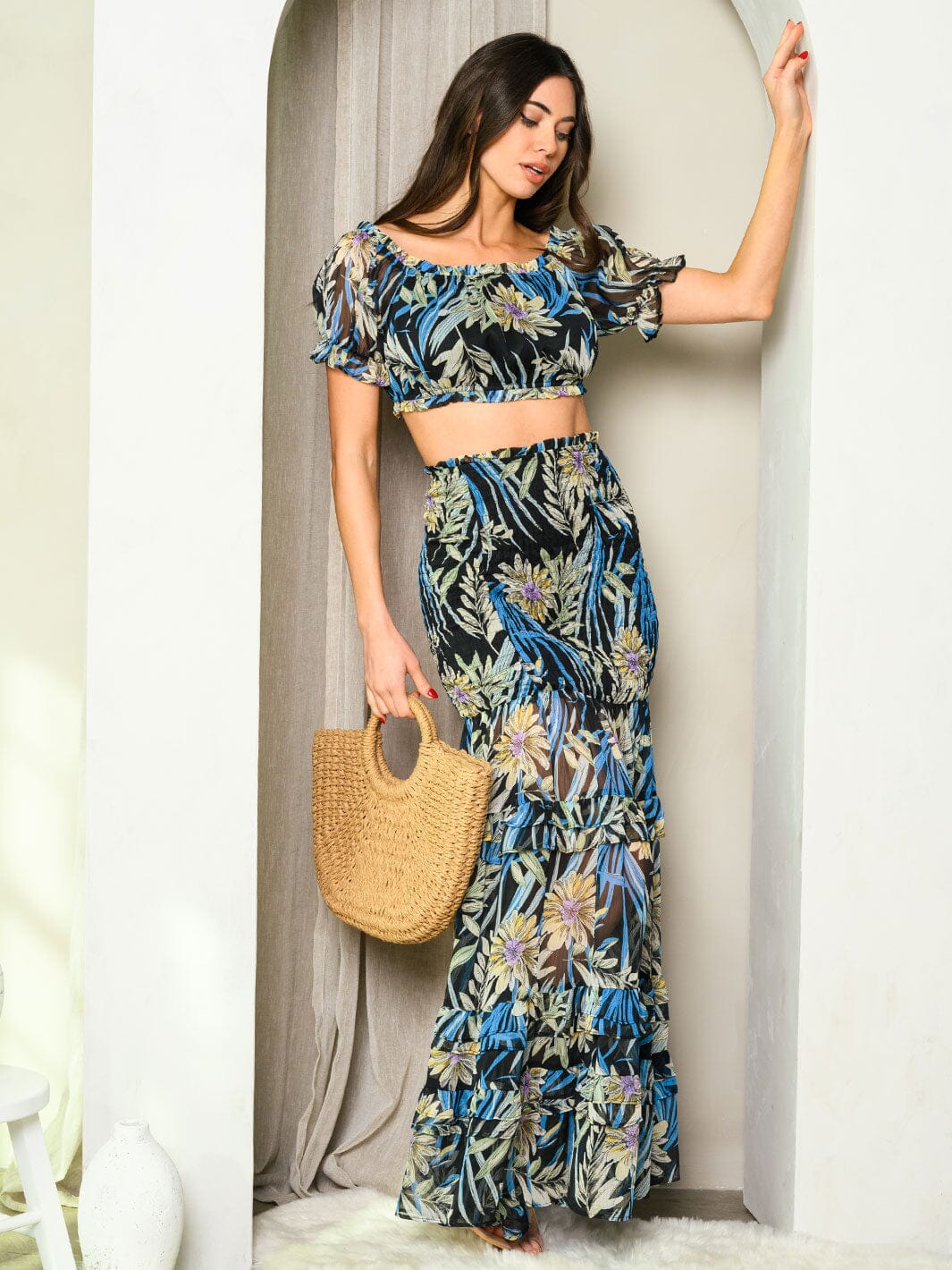 WOMEN'S OFF SHOULDER CROP TOP & MAXI SKIRT PALM FLORAL SET