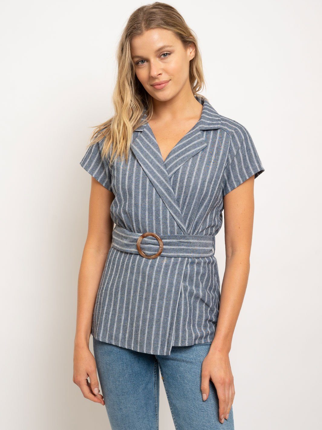 WOMEN'S V NECK WRAP FRONT BELT TOP