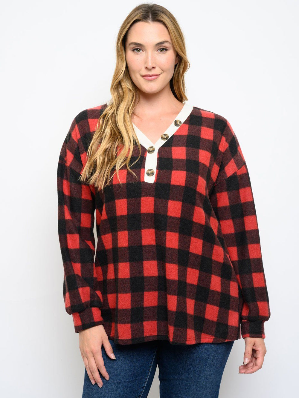PLUS SIZE LONG SLEEVE BUTTON DETAIL PLAID TOP