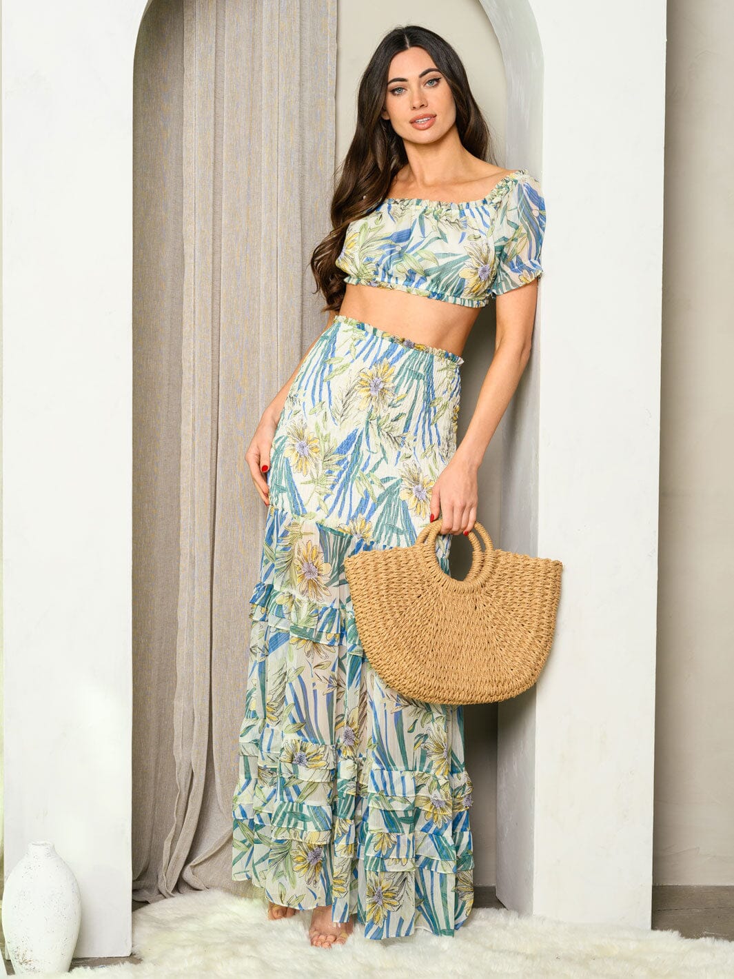 WOMEN'S OFF SHOULDER CROP TOP & MAXI SKIRT PALM FLORAL SET