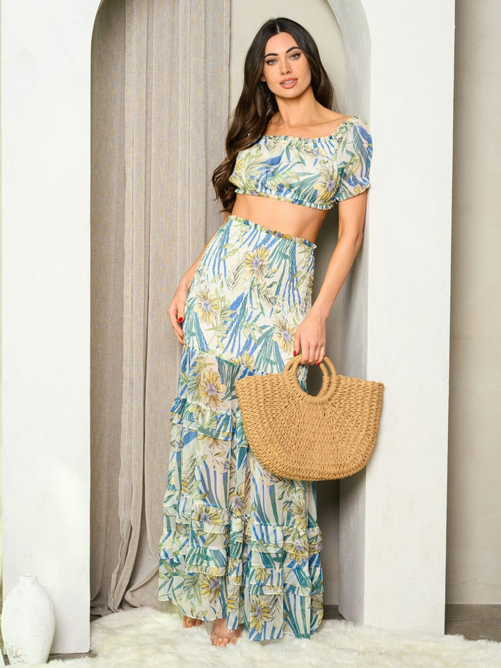 WOMEN'S OFF SHOULDER CROP TOP & MAXI SKIRT PALM FLORAL SET