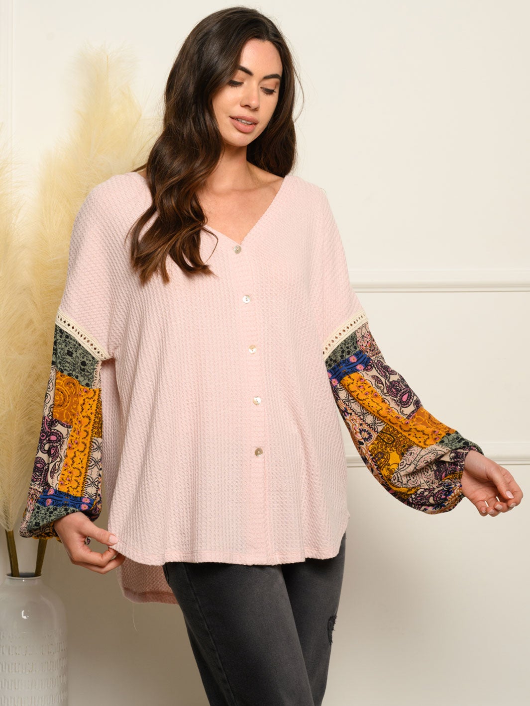 WOMEN'S MULTI PRINT SLEEVE BUTTON UP TOP
