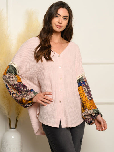 WOMEN'S MULTI PRINT SLEEVE BUTTON UP TOP