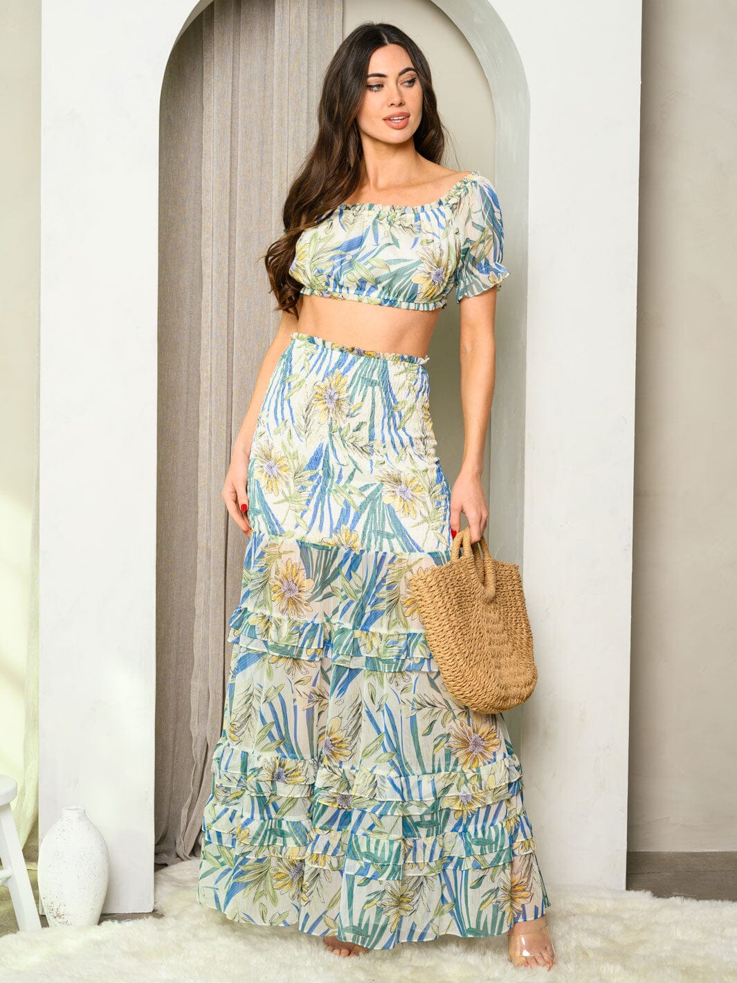 WOMEN'S OFF SHOULDER CROP TOP & MAXI SKIRT PALM FLORAL SET