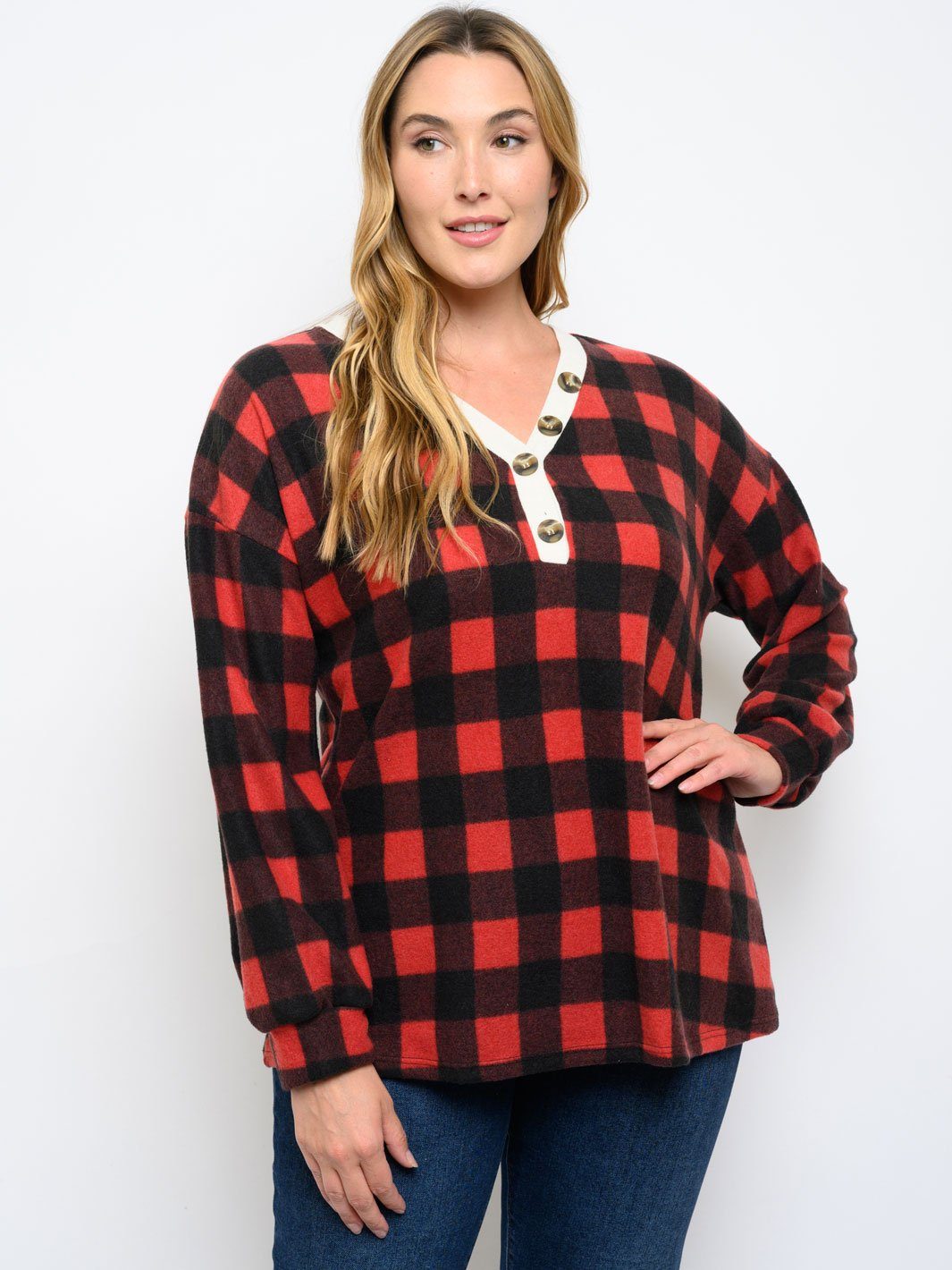 PLUS SIZE LONG SLEEVE BUTTON DETAIL PLAID TOP