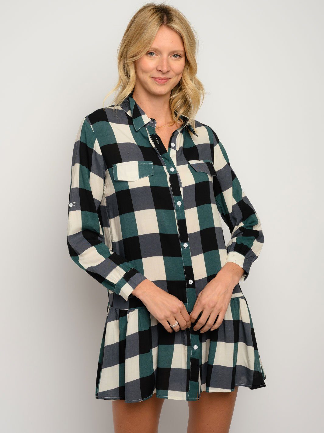WOMEN'S LONG SLEEVE PLAID BUTTON UP MINI DRESS
