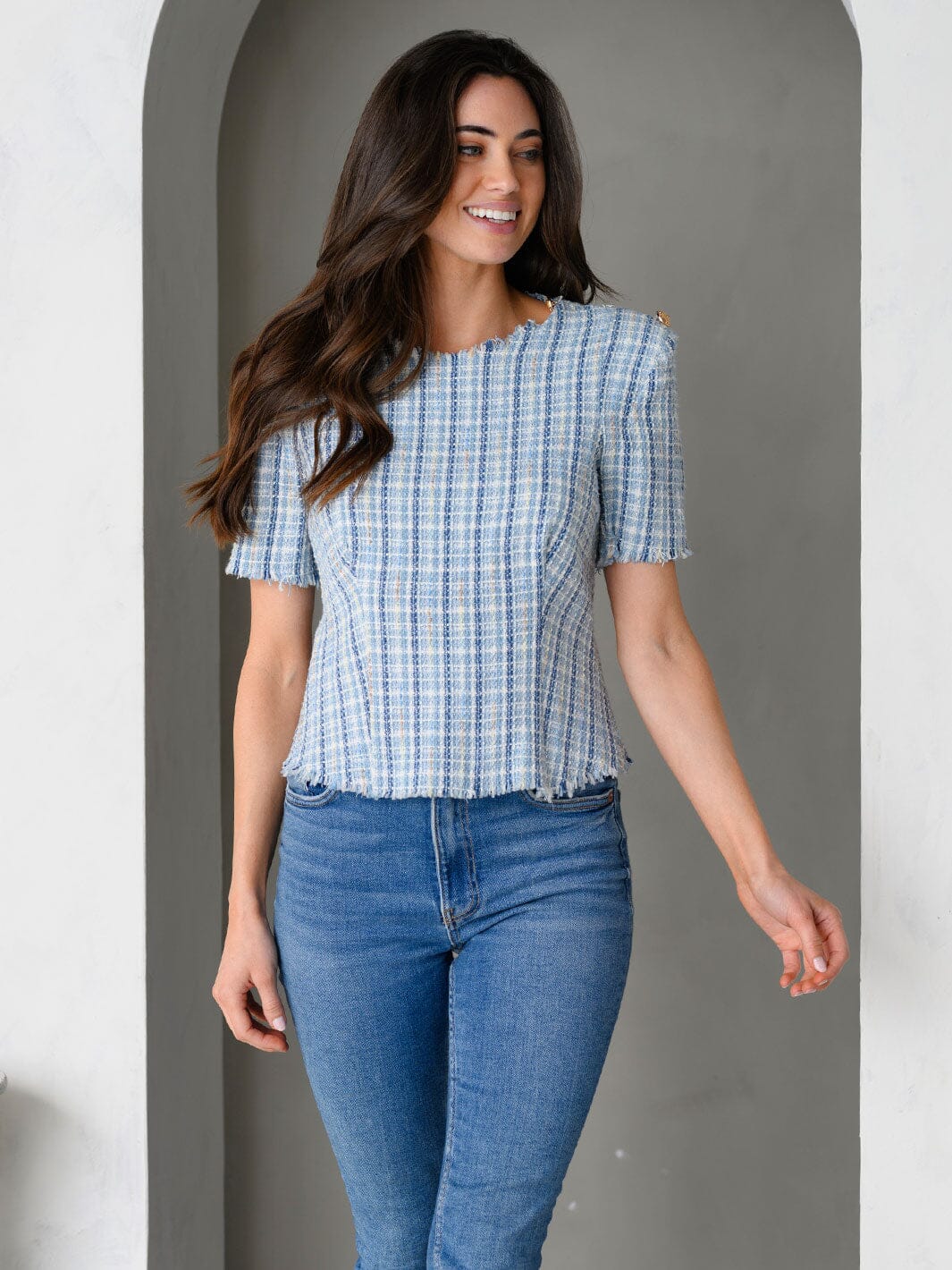 WOMEN'S PADDED SHOULDERS SHORT SLEEVE TWEED TOP