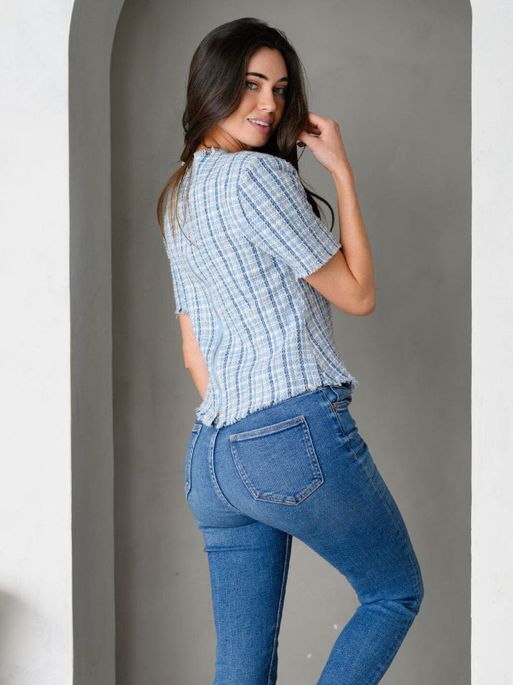 WOMEN'S PADDED SHOULDERS SHORT SLEEVE TWEED TOP