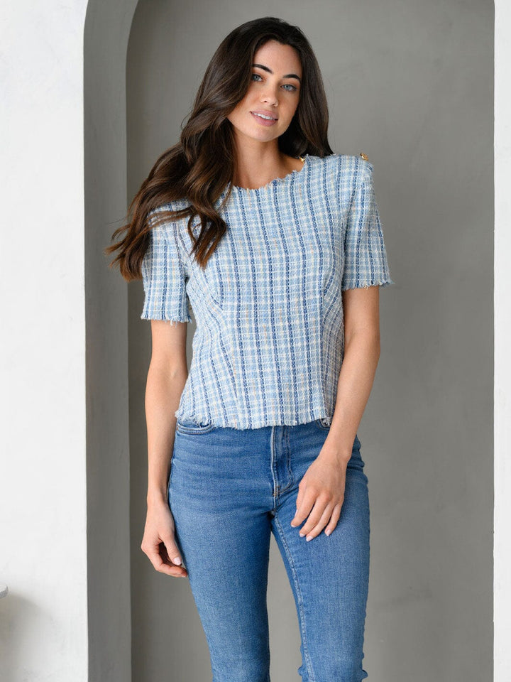 WOMEN'S PADDED SHOULDERS SHORT SLEEVE TWEED TOP