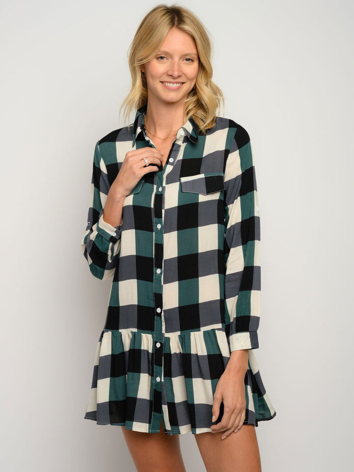 WOMEN'S LONG SLEEVE PLAID BUTTON UP MINI DRESS