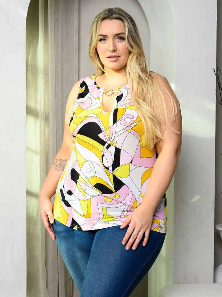 PLUS SIZE SLEEVELESS MULTI PRINT TUNIC TANK TOP