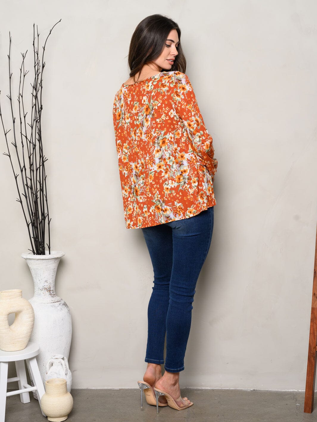 WOMEN'S LONG SLEEVE SQUARE NECK FLORAL BLOUSE TOP