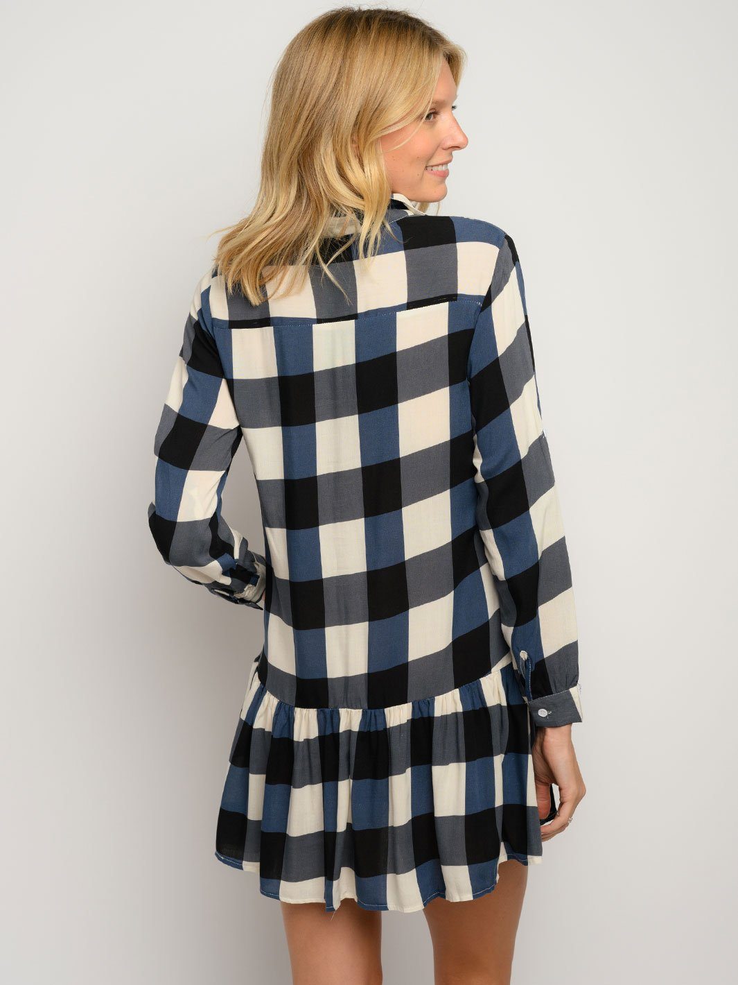 WOMEN'S LONG SLEEVE PLAID BUTTON UP MINI DRESS