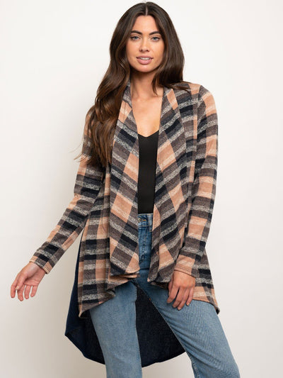 WOMEN'S CONTRAST CHECK HIGH-LOW CARDIGAN