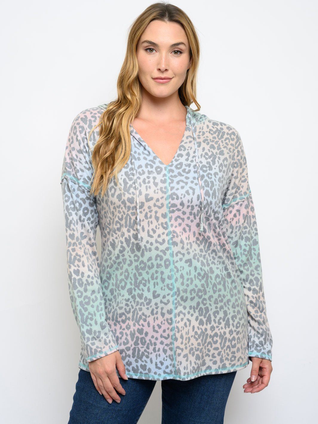 PLUS SIZE LONG SLEEVE ANIMAL PRINT TIE DYE HOODIE TOP