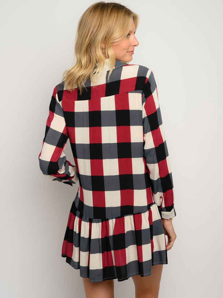 WOMEN'S LONG SLEEVE PLAID BUTTON UP MINI DRESS