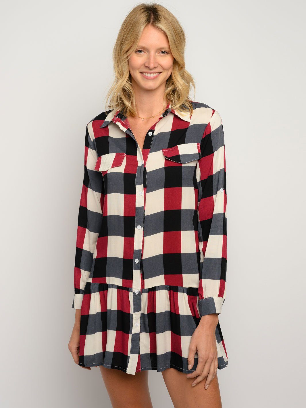 WOMEN'S LONG SLEEVE PLAID BUTTON UP MINI DRESS