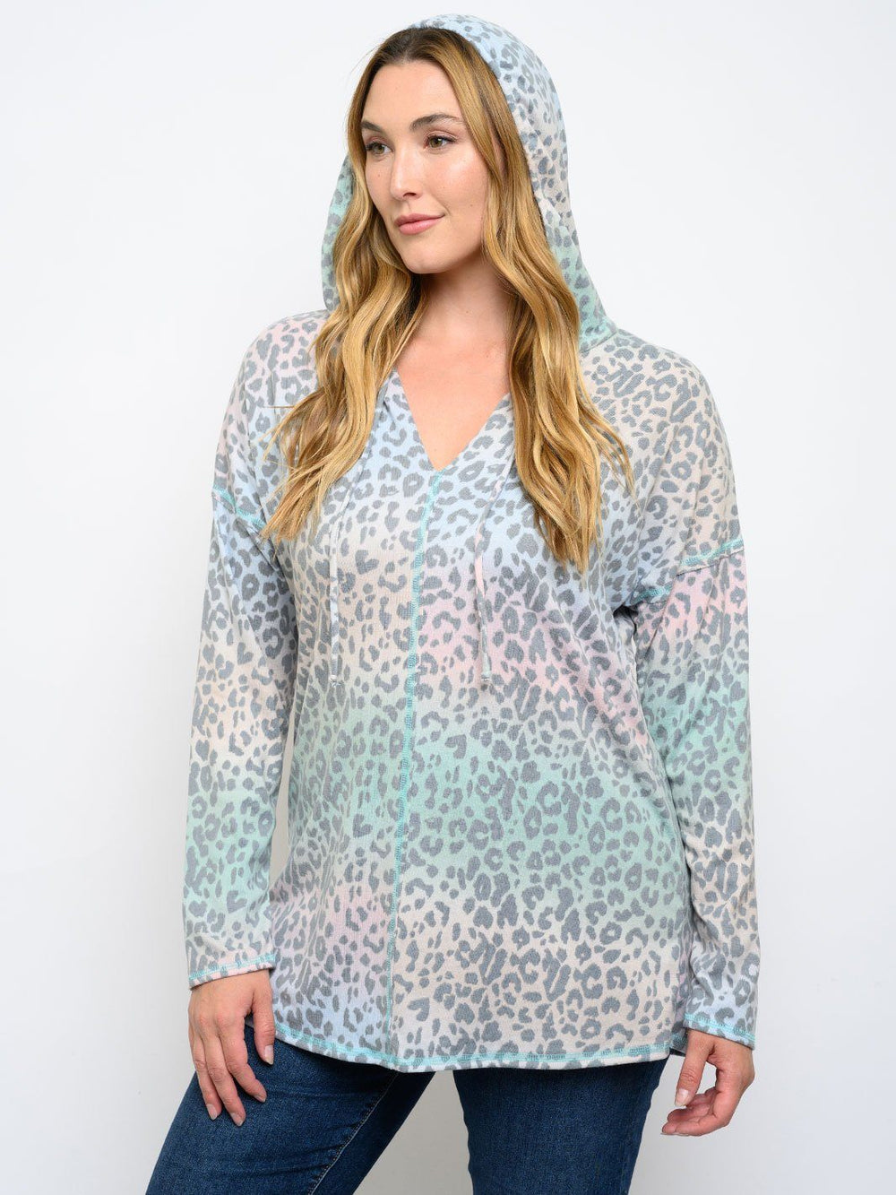 PLUS SIZE LONG SLEEVE ANIMAL PRINT TIE DYE HOODIE TOP