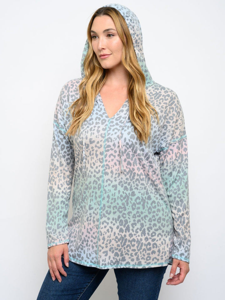 PLUS SIZE LONG SLEEVE ANIMAL PRINT TIE DYE HOODIE TOP