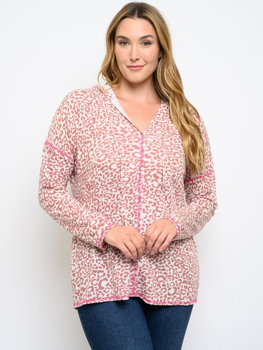 PLUS SIZE ANIMAL PRINT LONG SLEEVE HOODIE TOP