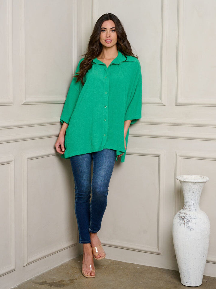 WOMEN'S SHORT SLEEVE BUTTON UP OVERSIZE TOP