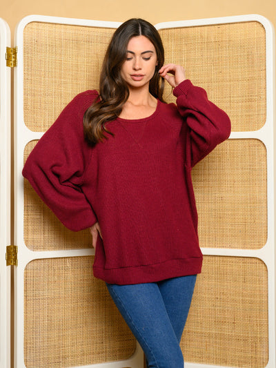 WOMEN'S LONG SLEEVE WAFFLE KNIT V STICHED TOP