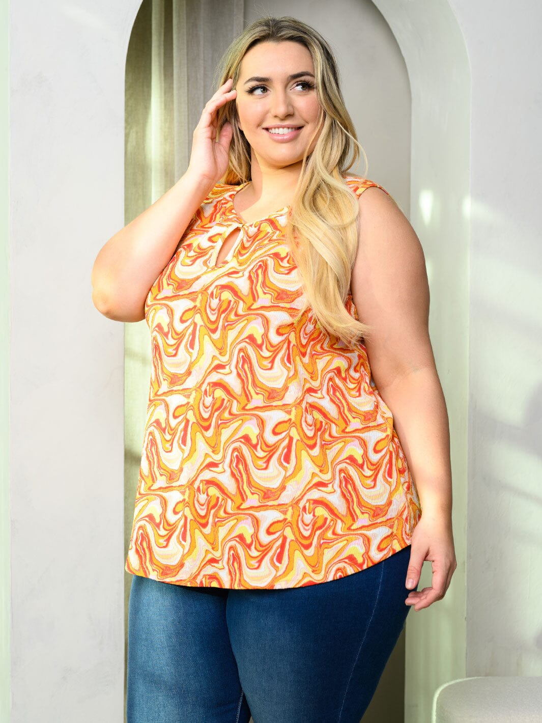 PLUS SIZE SLEEVELESS MULTI PRINT TUNIC TANK TOP