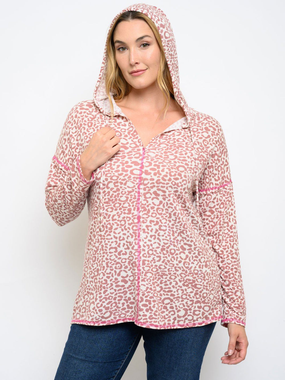 PLUS SIZE ANIMAL PRINT LONG SLEEVE HOODIE TOP