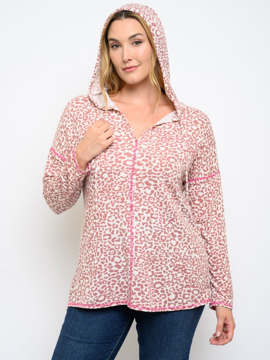 PLUS SIZE ANIMAL PRINT LONG SLEEVE HOODIE TOP