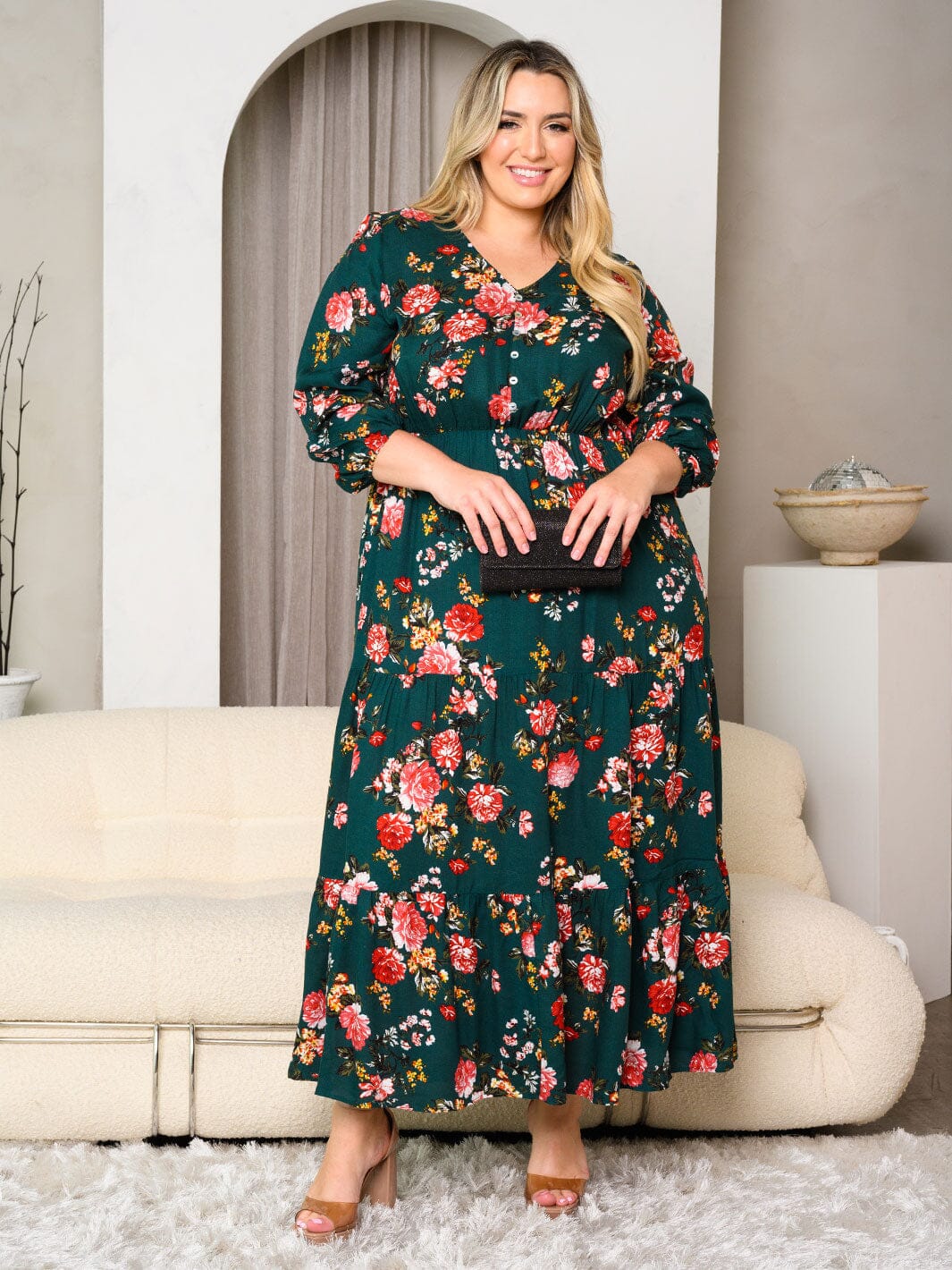 PLUS SIZE 3/4 SLEEVES V-NECK FLORAL MAXI DRESS