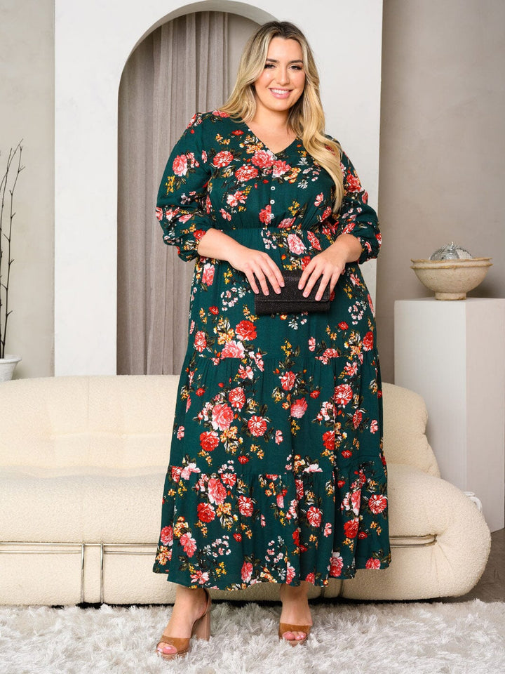 PLUS SIZE 3/4 SLEEVES V-NECK FLORAL MAXI DRESS