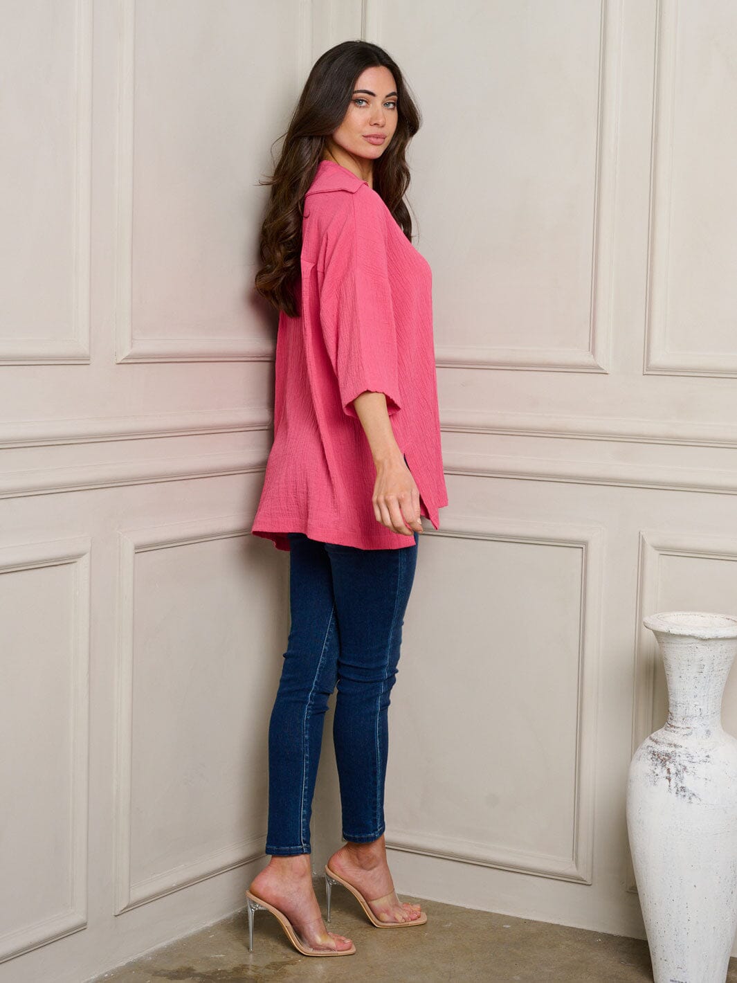 WOMEN'S SHORT SLEEVE BUTTON UP OVERSIZE TOP