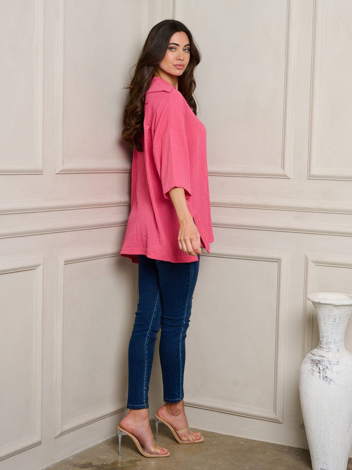 WOMEN'S SHORT SLEEVE BUTTON UP OVERSIZE TOP