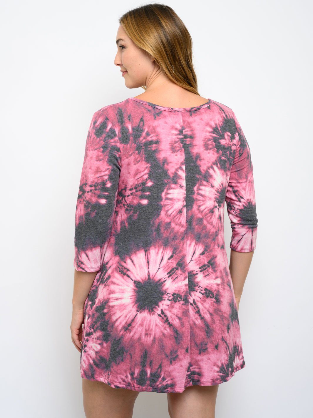 PLUS SIZE 3/4 SLEEVE TIE DYE TUNIC MINI DRESS