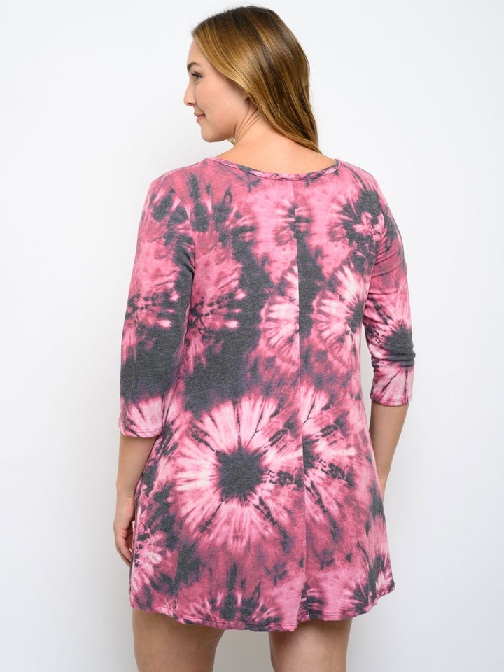 PLUS SIZE 3/4 SLEEVE TIE DYE TUNIC MINI DRESS