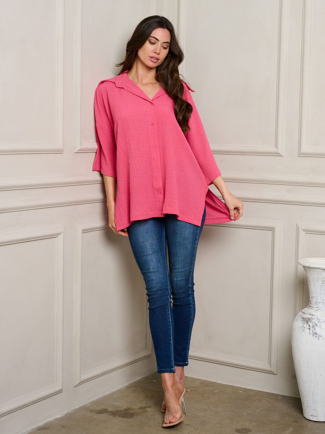 WOMEN'S SHORT SLEEVE BUTTON UP OVERSIZE TOP