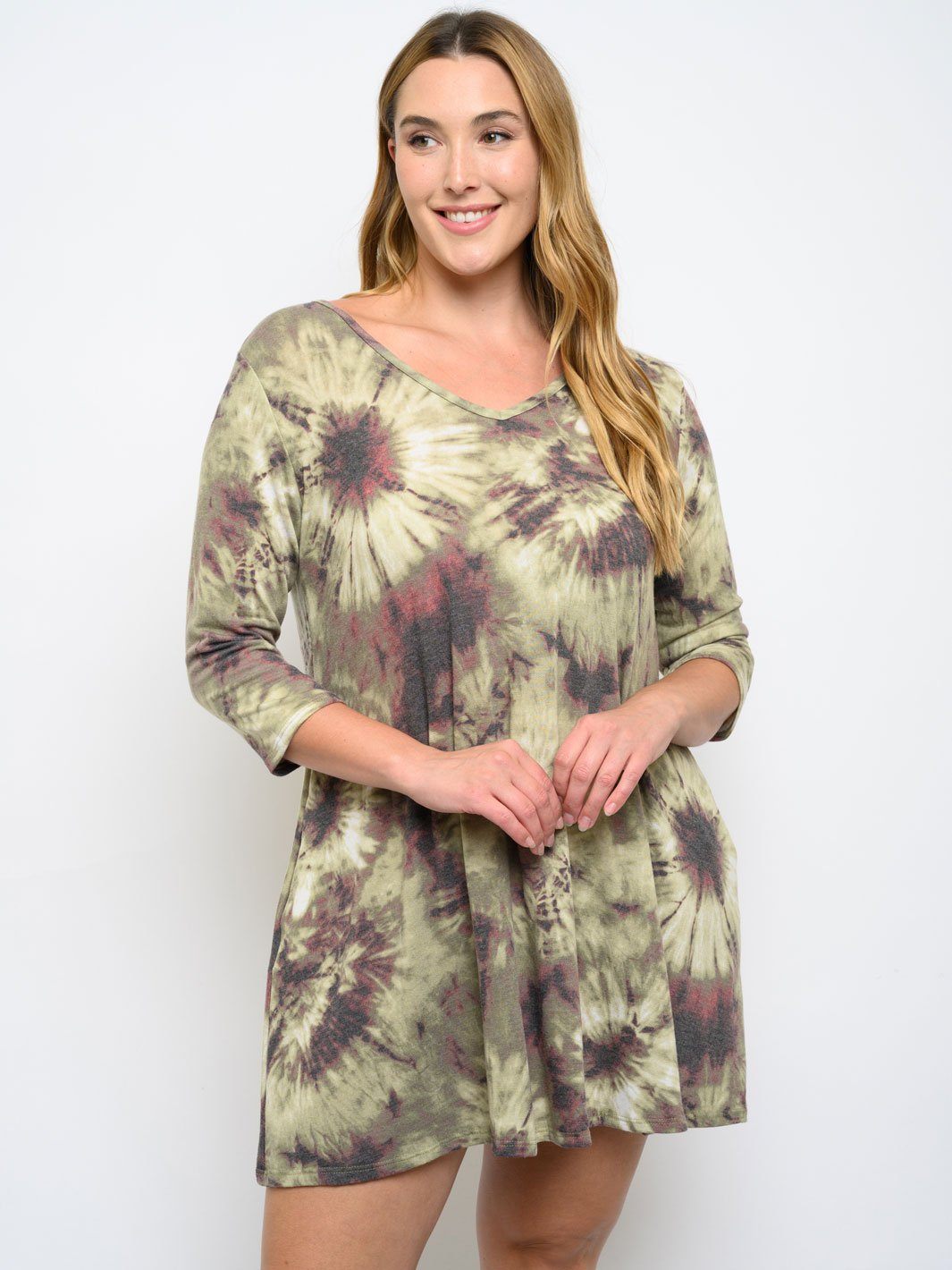 PLUS SIZE 3/4 SLEEVE TIE DYE TUNIC MINI DRESS