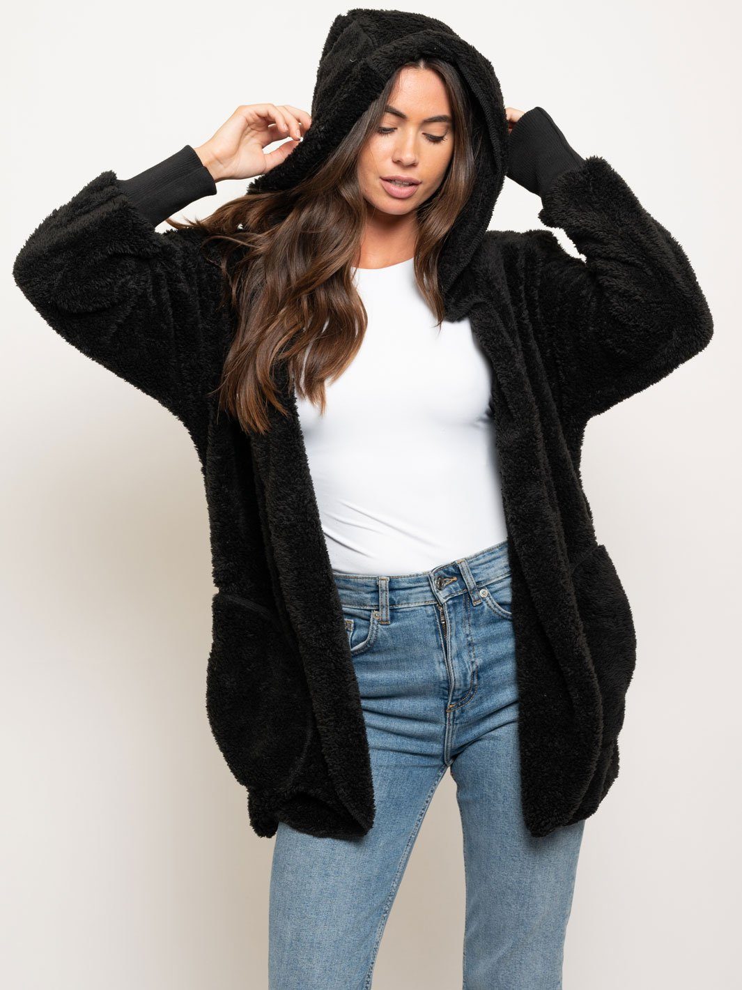 WOMEN'S FUZZY LONG SLEEVE HOODIE JACKET