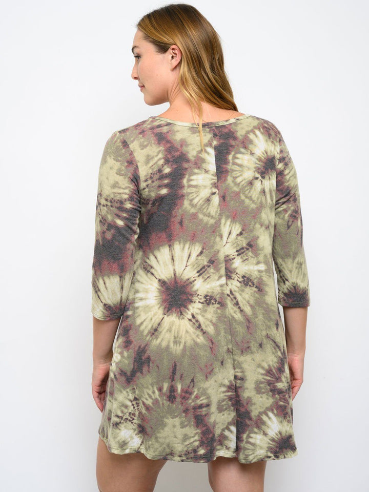 PLUS SIZE 3/4 SLEEVE TIE DYE TUNIC MINI DRESS