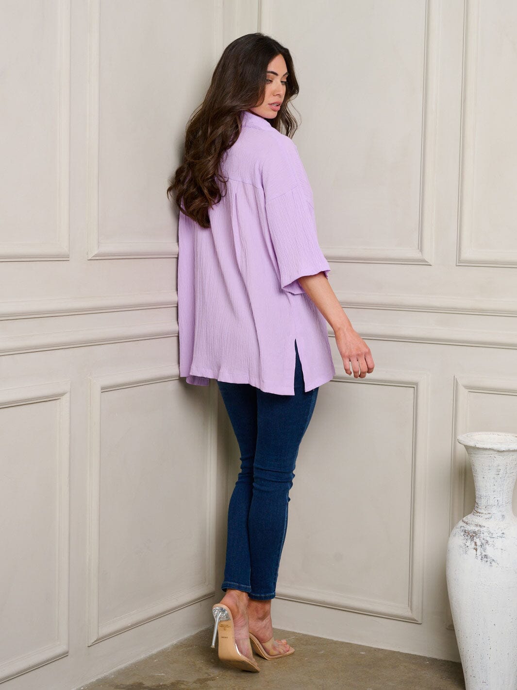 WOMEN'S SHORT SLEEVE BUTTON UP OVERSIZE TOP