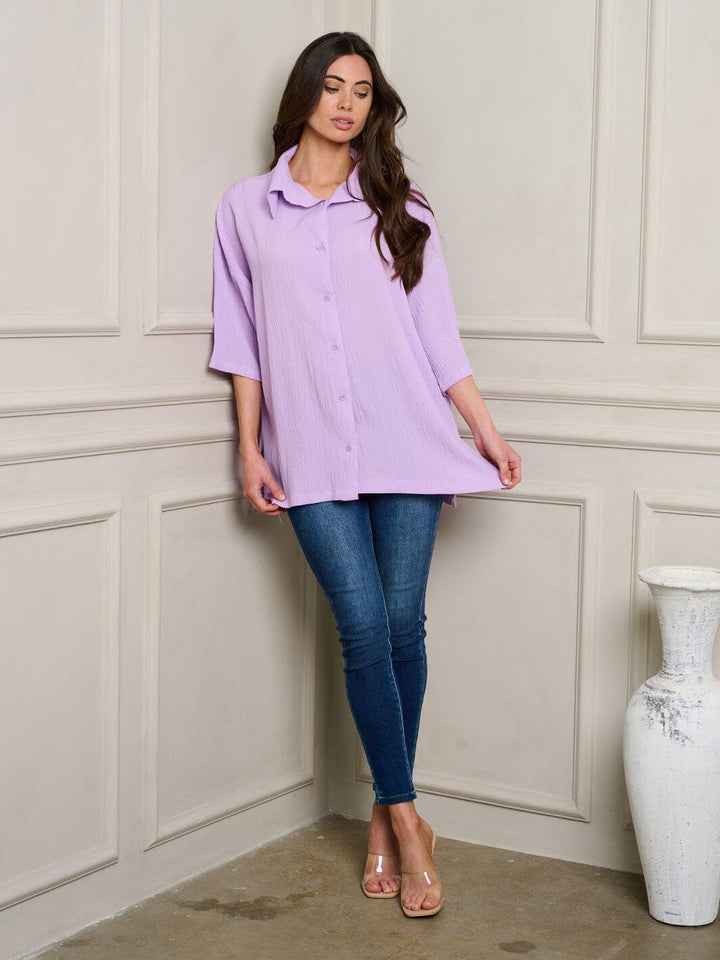 WOMEN'S SHORT SLEEVE BUTTON UP OVERSIZE TOP