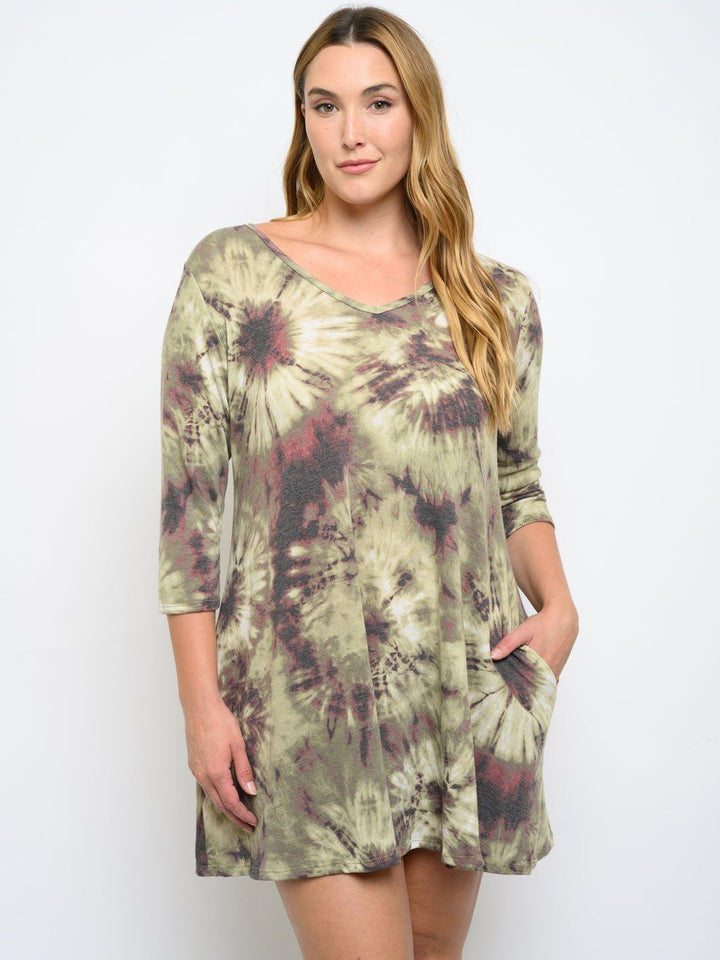 PLUS SIZE 3/4 SLEEVE TIE DYE TUNIC MINI DRESS