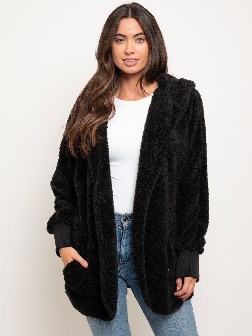 WOMEN'S FUZZY LONG SLEEVE HOODIE JACKET