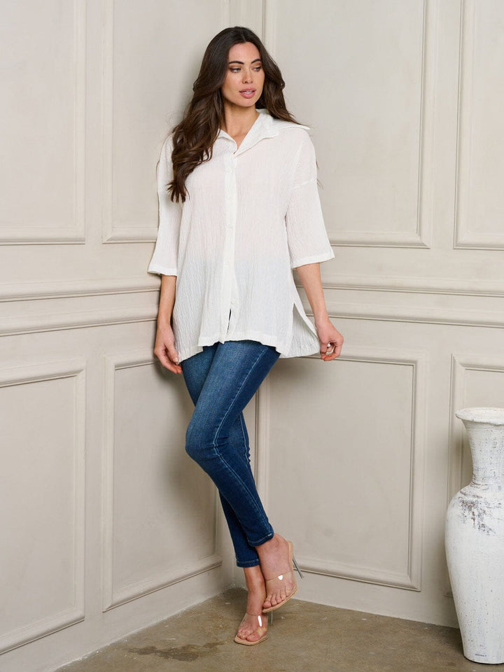 WOMEN'S SHORT SLEEVE BUTTON UP OVERSIZE TOP