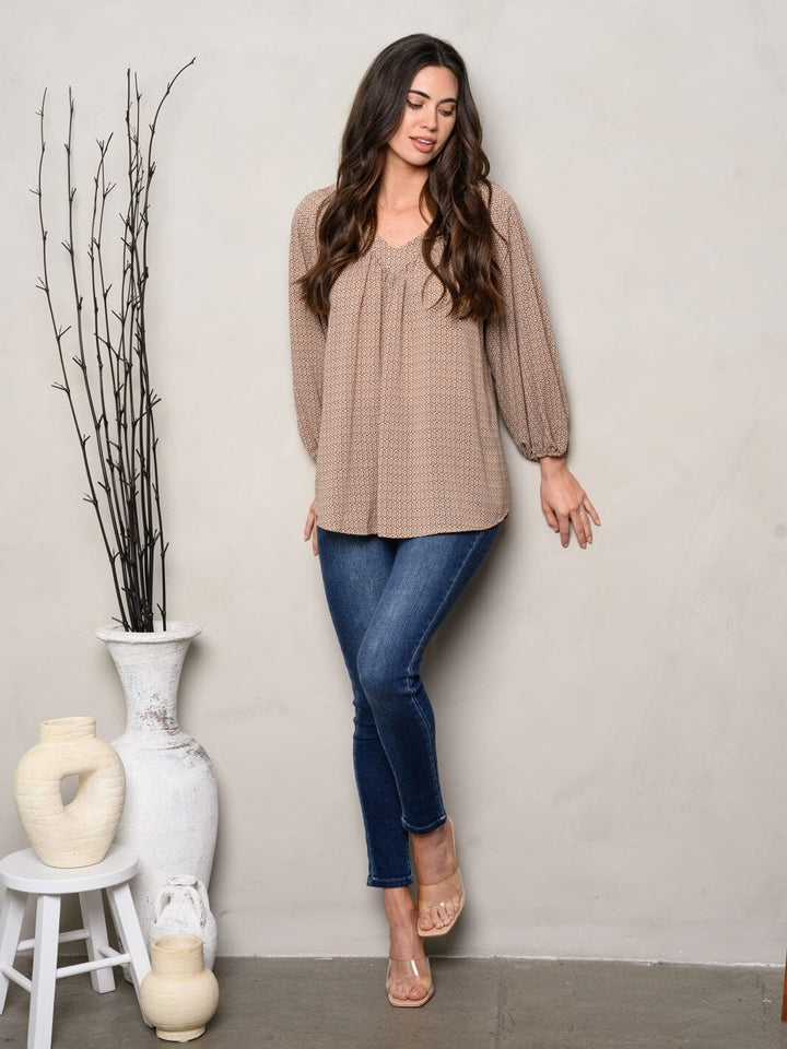 WOMEN'S LONG SLEEVE V-NECK PRINTED BLOUSE TOP